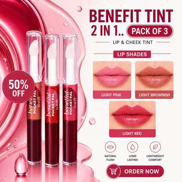 Benefit 2 In 1 Lip & Cheek Tint (Clear Gloss + Tint) – Pack of 3 – Natural Flush, 12H Long Lasting – Buildable, Hydrating, Lightweight – Pocket Size