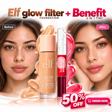 Elf  Halo Glow Fliter foundation + Benefit 2 in 1 tint & Gloss – Coverage + Glow + lip & cheek stain + Gloss All in one deal - Glowy & natural finish with natural lip & cheek stain
