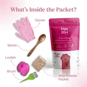 Meeow Club 4-in-1 Rose Body Hair Removal Powder Mask | Painless DIY Hair Removal with Licorice, Rice & Rose Powder | Removes Hair, Tan, Exfoliates & Nourishes